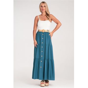 Fusta maxi  bleumarin - cu nasturi si volane - din bumbac - cu talie elastica -