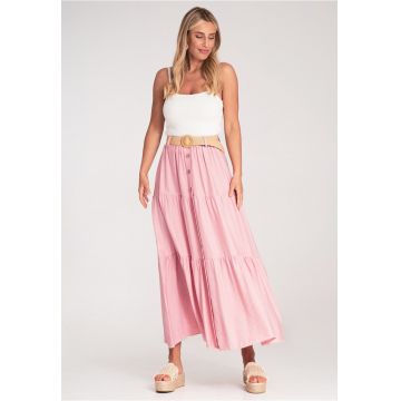 Fusta maxi  roz - bumbac - cu volane si curea impletita -