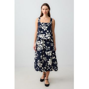 Fusta midi din amestec de in cu croiala in A si imprimeu floral