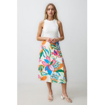 Fusta midi din amestec de in cu model floral si slit lateral
