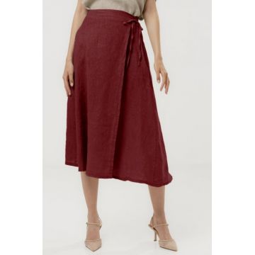 Fusta midi in stil petrecut din in, bordo
