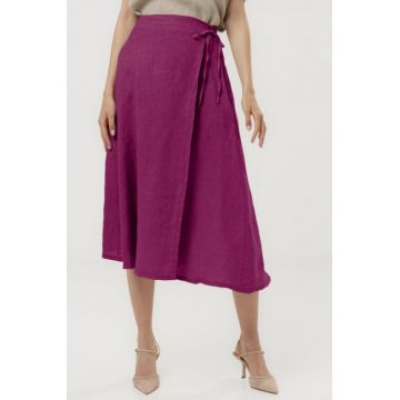 Fusta midi in stil petrecut din in, mov zmeura