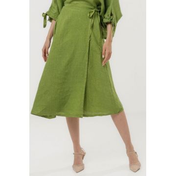 Fusta midi in stil petrecut din in, verde olive
