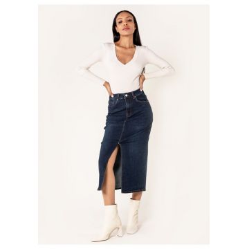 Fusta albastru inchis de denim cu slit frontal P215 M10 17921