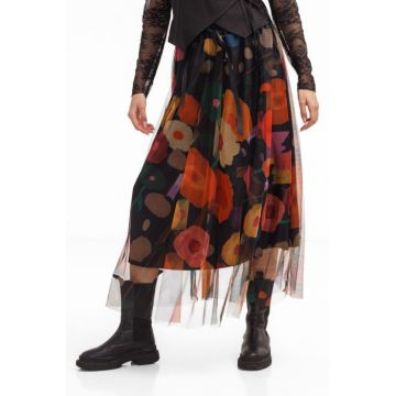Fusta clos din tulle, neagra cu flori stilizate multicolore
