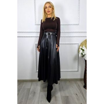 Fusta lunga eleganta Marilena, din piele ecologica si curea, Negru