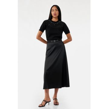 Fusta midi cu aspect de satin si curea in talie