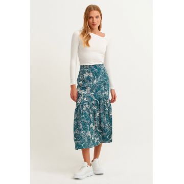 Fusta midi cu model si slit lateral