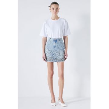 Fusta mini din denim cu strasuri