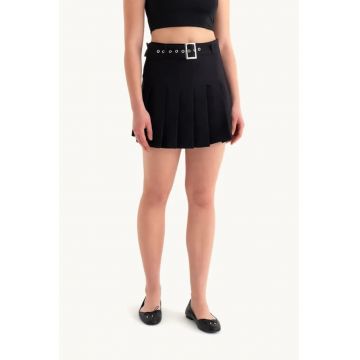 Fusta dama  textil - cu talie inalta si curea - negru