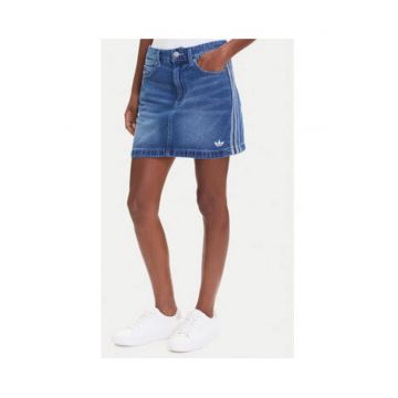 Fusta din denim cu imprimeu logo si dungi laterale