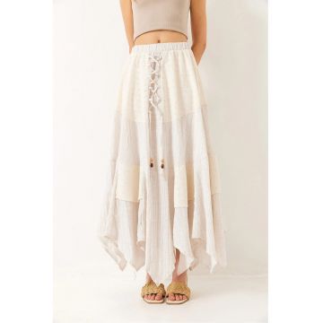Fusta maxi brodata  alb - material textil - cu snur