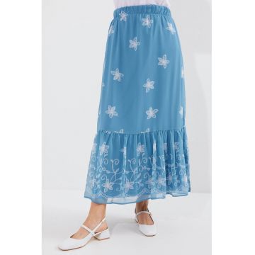 Fusta maxi cu flori -  albastru - poliester