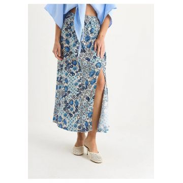 Fusta maxi  cu model floral - crapatura - albastru - bumbac-elastan