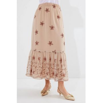 Fusta maxi -  imprimeu floral - culoare maro - poliester