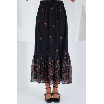 Fusta maxi -  imprimeu floral - negru - poliester