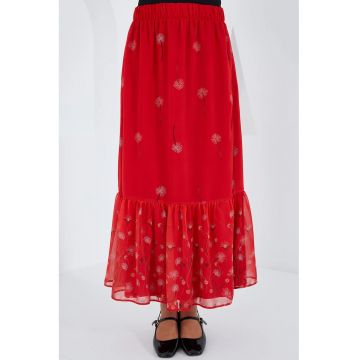 Fusta maxi -  imprimeu floral - rosu - poliester