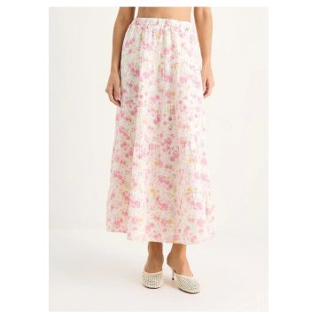 Fusta maxi -  imprimeu floral - roz/alb - bumbac