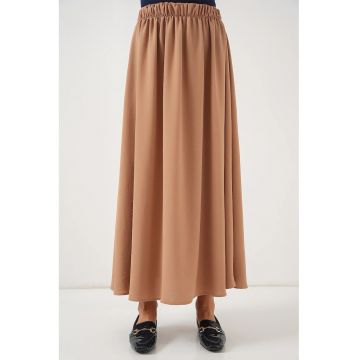 Fusta maxi texturata  cu snur in talie - maro - poliester-elastan Fusta maxi texturata  cu snur in talie - maro - poliester-elastan