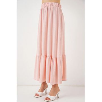 Fusta maxi -  texturata - talie elastica - roz - poliester-lycra