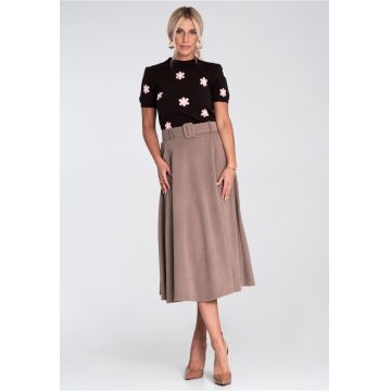 Fusta midi  bej - cu curea - material tricotat moale - croiala evazata Fusta midi  bej - cu curea - material tricotat moale - croiala evazata