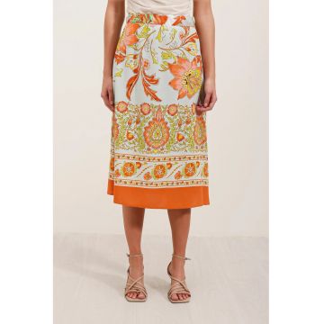 Fusta midi -  cu model - portocalie - viscoza -