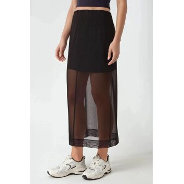 Fusta midi dama - bumbac/poliester/dantela -  talie inalta - negru