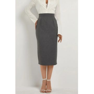 Fusta midi dama -  talie inalta - croiala dreapta - textil - gri