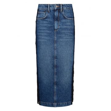 Fusta midi din denim cu insertii de dantela