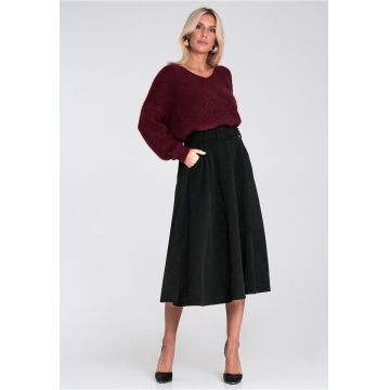 Fusta midi  neagra - evazata - cu curea - material sintetic Fusta midi  neagra - evazata - cu curea - material sintetic