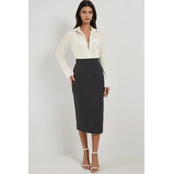 Fusta midi -  talie inalta - croiala dreapta - gri - textil