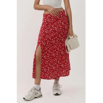 Fusta midi -  talie inalta - imprimeu floral - rosu - poliester