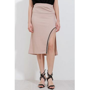 Fusta midi -  texturata - bej - poliester-lycra