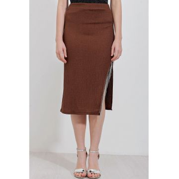Fusta midi  texturata - maro - poliester-lycra