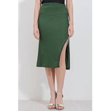 Fusta midi  texturata - verde - poliester si lycra