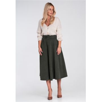 Fusta midi  verde intens - evazata - cu curea - material sintetic - Fusta midi  verde intens - evazata - cu curea - material sintetic -