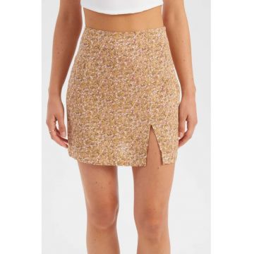 Fusta mini cu talie inalta dama -  textil - imprimeu floral - portocaliu