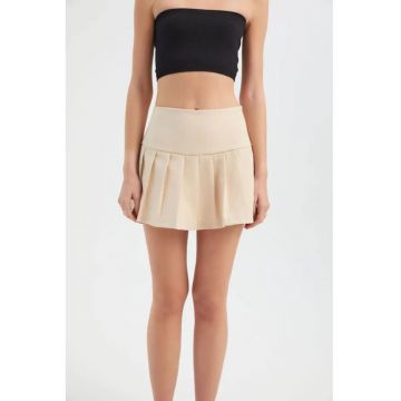 Fusta mini plisata dama -  textil - talie inalta - bej