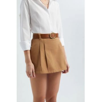 Fusta pantalon mini dama -  plisata - textil - talie medie - cu curea - maro
