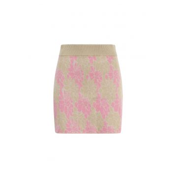 Fusta tricotata fin cu model floral - Roz