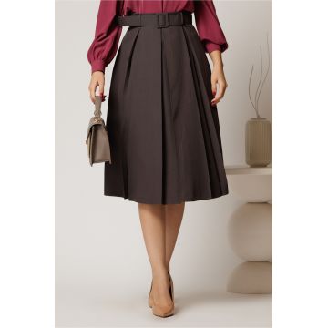 Fusta DY Fashion gri in clos cu pliuri ample si curea in talie