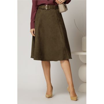 Fusta DY Fashion kaki clos din piele intoarsa si curea in talie