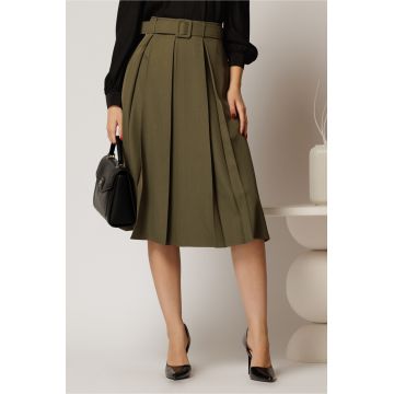 Fusta DY Fashion kaki in clos cu pliuri ample si curea in talie
