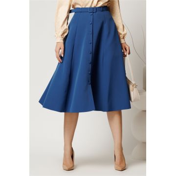 Fusta DY Fashion midi albastra cu nasturi si curea in talie Fusta DY Fashion midi albastra cu nasturi si curea in talie