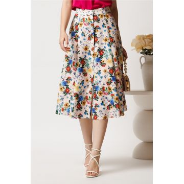 Fusta DY Fashion midi bej cu flori colorate in clos cu nasturi
