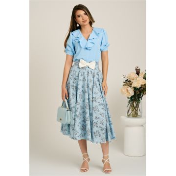 Fusta DY Fashion midi bleu din voal in clos cu imprimeuri florale si funda in talie Fusta DY Fashion midi bleu din voal in clos cu imprimeuri florale si funda in talie
