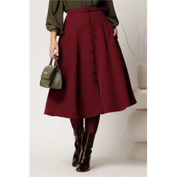 Fusta DY Fashion midi bordo cu nasturi si curea in talie