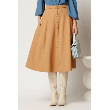 Fusta DY Fashion midi camel cu nasturi si curea in talie