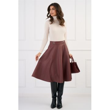 Fusta DY Fashion midi clos din piele ecologica burgundy cu nasturi in talie Fusta DY Fashion midi clos din piele ecologica burgundy cu nasturi in talie