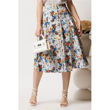 Fusta DY Fashion midi gri cu flori colorate in clos cu nasturi Fusta DY Fashion midi gri cu flori colorate in clos cu nasturi